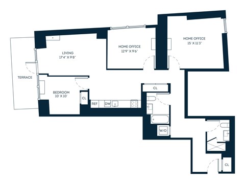 Floor plan for 1 bed, 2 baths, 1405 sqft